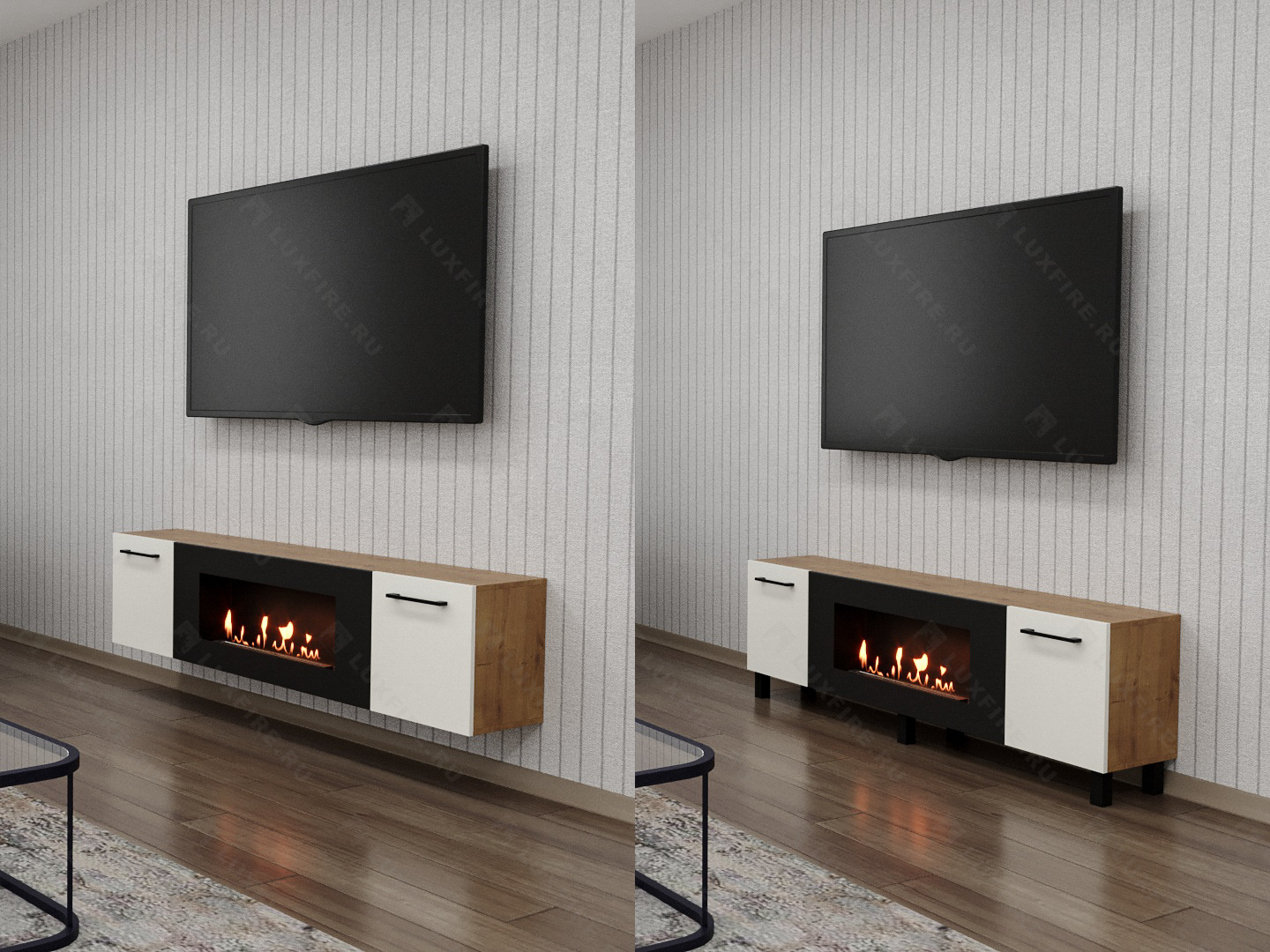 Тумба универсальная Lux Fire "Байкал Р" с ножками 1600, дуб вотан/белый матовый с биокамином 900